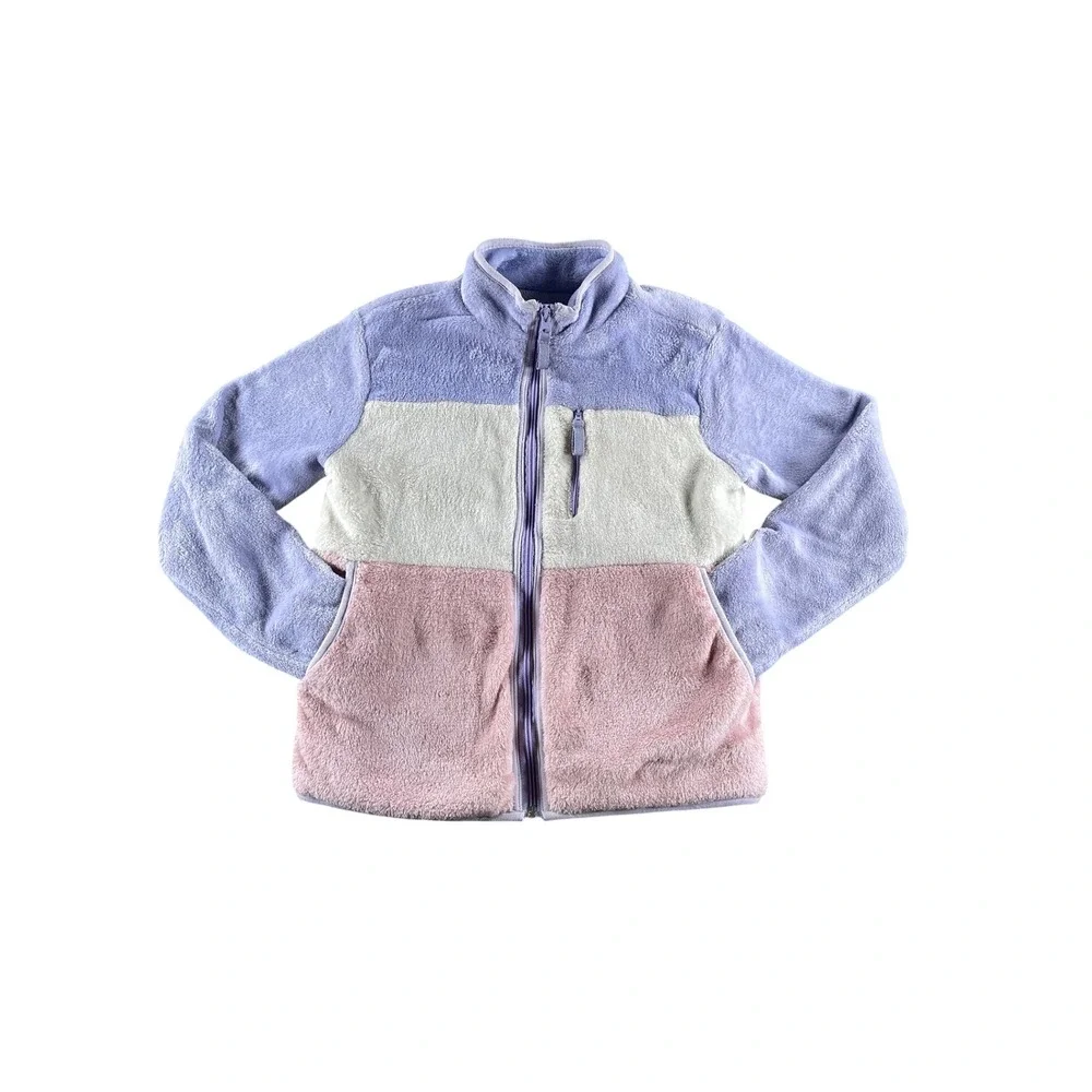 BCBG Girls Fleece Jacket Colorblock Full Zip Purple Pink Cream Size Medium